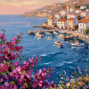 Unframed display of the "Riviera Twilight" hand-embellished impasto wall art. A peaceful Mediterranean coastal village at sunset featuring docked sailboats, soft pastel pink skies, and thick 3D palette knife textures on vibrant magenta bougainvillea flowers in the foreground. Shipped securely rolled in a tube without a frame.