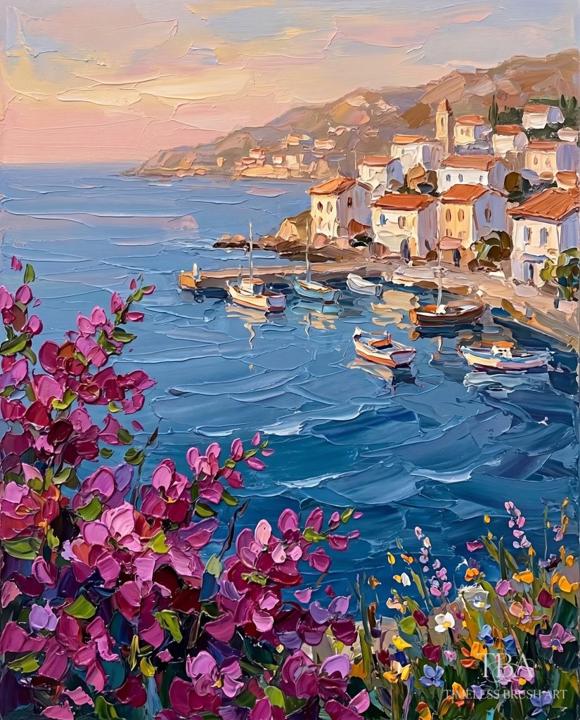 Unframed display of the "Riviera Twilight" hand-embellished impasto wall art. A peaceful Mediterranean coastal village at sunset featuring docked sailboats, soft pastel pink skies, and thick 3D palette knife textures on vibrant magenta bougainvillea flowers in the foreground. Shipped securely rolled in a tube without a frame.