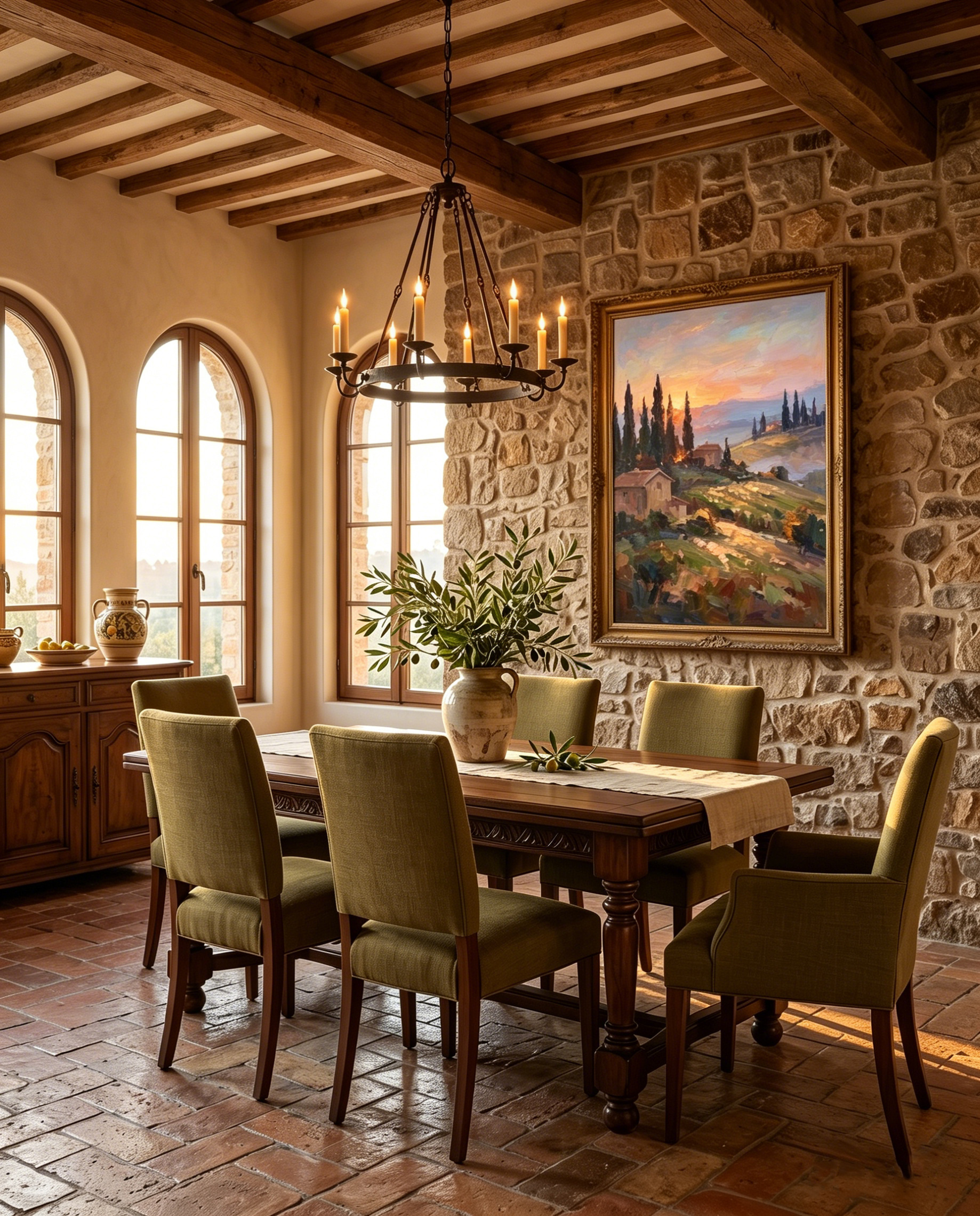 The "Tuscan Twilight" Italian landscape painting styled in a beautiful rustic dining room. Hung on a textured stone wall above a classic wooden dining table with green chairs, enhancing the Old World European charm.