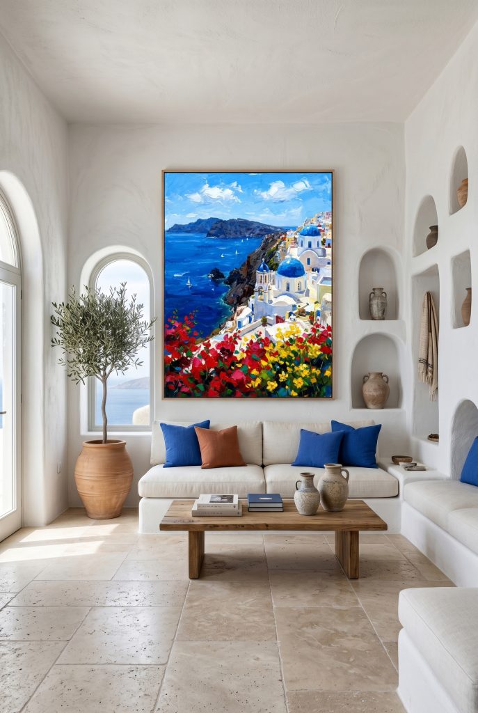 Framed Santorini ocean oil painting styling a bright dining room with large oceanfront windows and elegant navy blue velvet chairs.