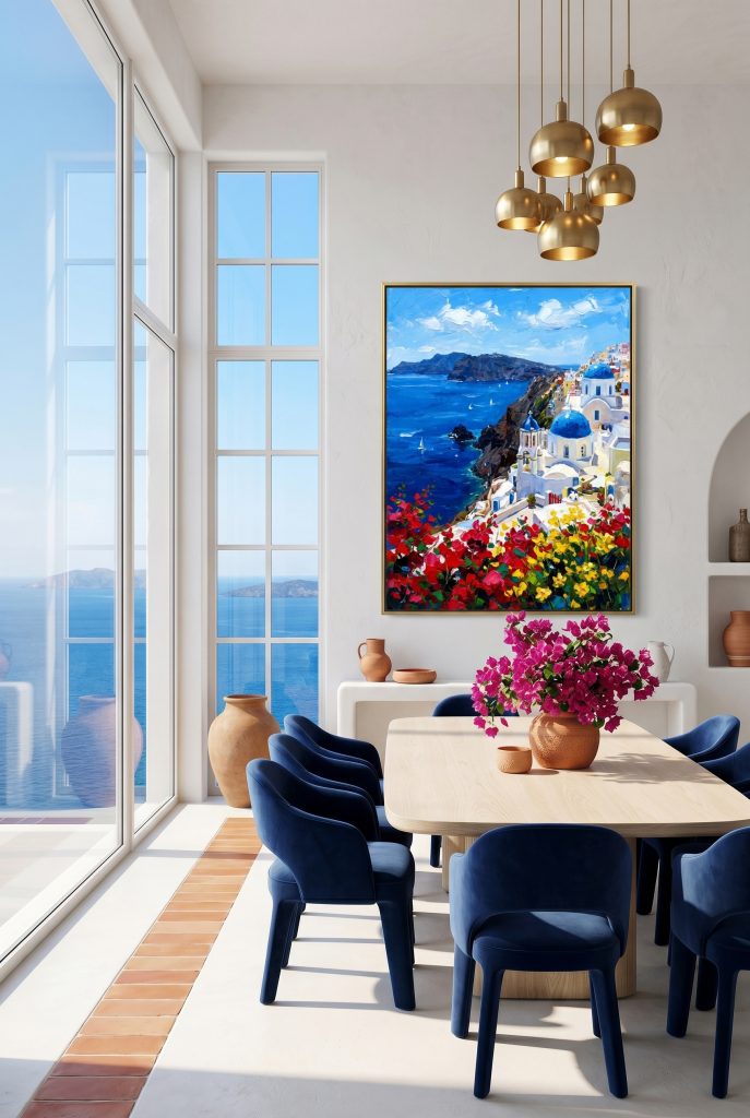 Framed Santorini ocean oil painting styling a bright dining room with large oceanfront windows and elegant navy blue velvet chairs.