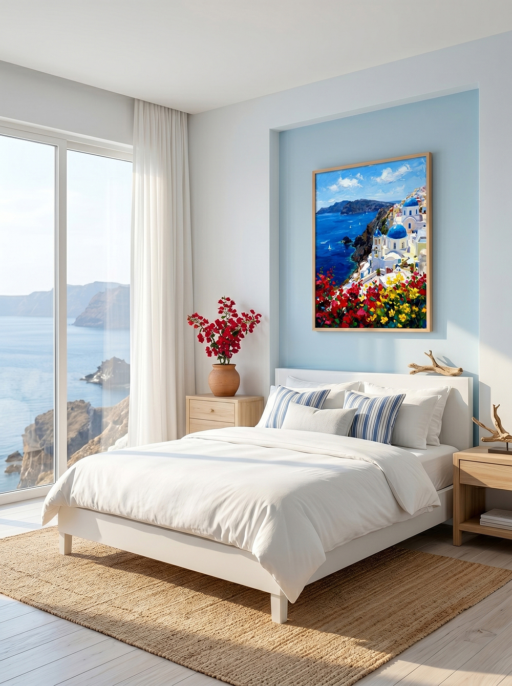 The "Aegean Rhapsody" hand-embellished painting beautifully featured in a relaxing coastal bedroom. Hung above a bed with crisp white and navy blue linens, creating a tranquil, romantic Aegean sea atmosphere.