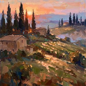 Unframed display of the "Tuscan Twilight" hand-embellished impasto wall art. A beautiful Italian Tuscan countryside landscape at sunset featuring tall cypress trees, rolling hills, rustic farmhouses, and thick 3D palette knife textures in warm golden and purple hues. Shipped securely rolled in a tube without a frame.