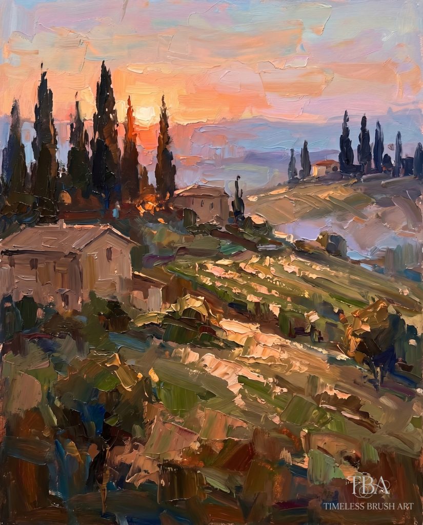 Unframed display of the "Tuscan Twilight" hand-embellished impasto wall art. A beautiful Italian Tuscan countryside landscape at sunset featuring tall cypress trees, rolling hills, rustic farmhouses, and thick 3D palette knife textures in warm golden and purple hues. Shipped securely rolled in a tube without a frame.