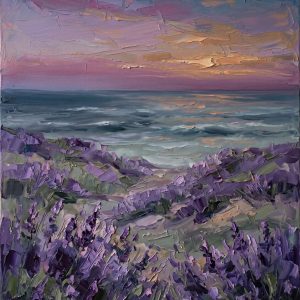 Unframed display of the "Twilight Lavender Shores" hand-embellished impasto wall art. A serene coastal sunset landscape featuring a soft pastel pink and purple sky, calm ocean waves, and thick 3D palette knife textures on lush purple flowers in the foreground. Shipped securely rolled in a tube