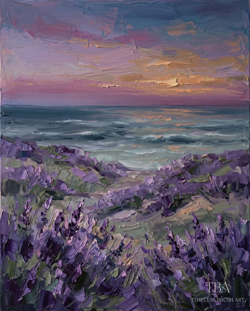 Unframed display of the "Twilight Lavender Shores" hand-embellished impasto wall art. A serene coastal sunset landscape featuring a soft pastel pink and purple sky, calm ocean waves, and thick 3D palette knife textures on lush purple flowers in the foreground. Shipped securely rolled in a tube