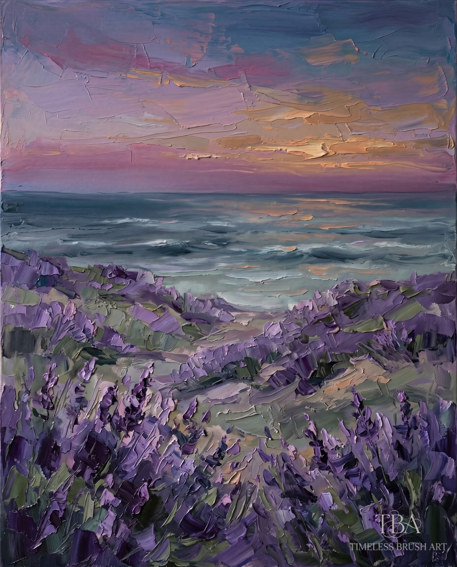 Unframed display of the "Twilight Lavender Shores" hand-embellished impasto wall art. A serene coastal sunset landscape featuring a soft pastel pink and purple sky, calm ocean waves, and thick 3D palette knife textures on lush purple flowers in the foreground. Shipped securely rolled in a tube