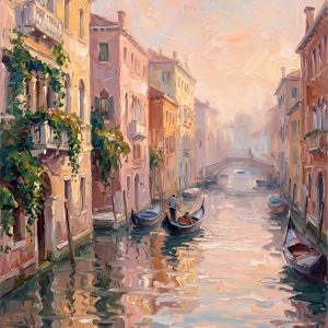 Unframed display of the "Venetian Dawn Reverie" hand-embellished impasto wall art. A romantic morning landscape of a Venice canal featuring gondolas, historic Italian architecture, soft pastel pink sunrise skies, and beautiful water reflections with thick 3D palette knife textures. Shipped securely rolled in a tube without a frame.
