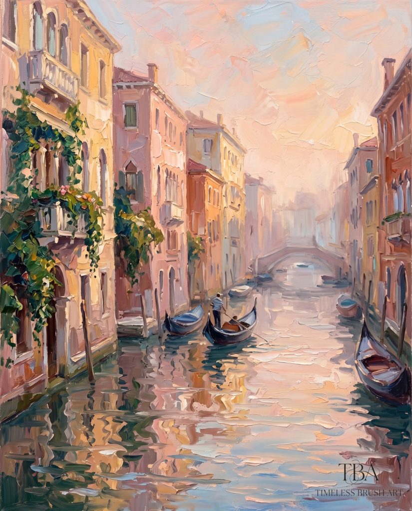 Unframed display of the "Venetian Dawn Reverie" hand-embellished impasto wall art. A romantic morning landscape of a Venice canal featuring gondolas, historic Italian architecture, soft pastel pink sunrise skies, and beautiful water reflections with thick 3D palette knife textures. Shipped securely rolled in a tube without a frame.