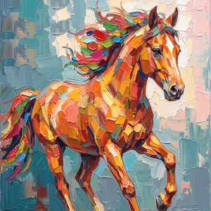 Unframed display of a dynamic, hand-embellished impasto oil painting featuring a galloping horse. Painted with vibrant, energetic rainbow colors—including bright oranges, reds, blues, and yellows—against a soft pastel background. Showcases heavy 3D palette knife textures. Shipped securely rolled in a tube.