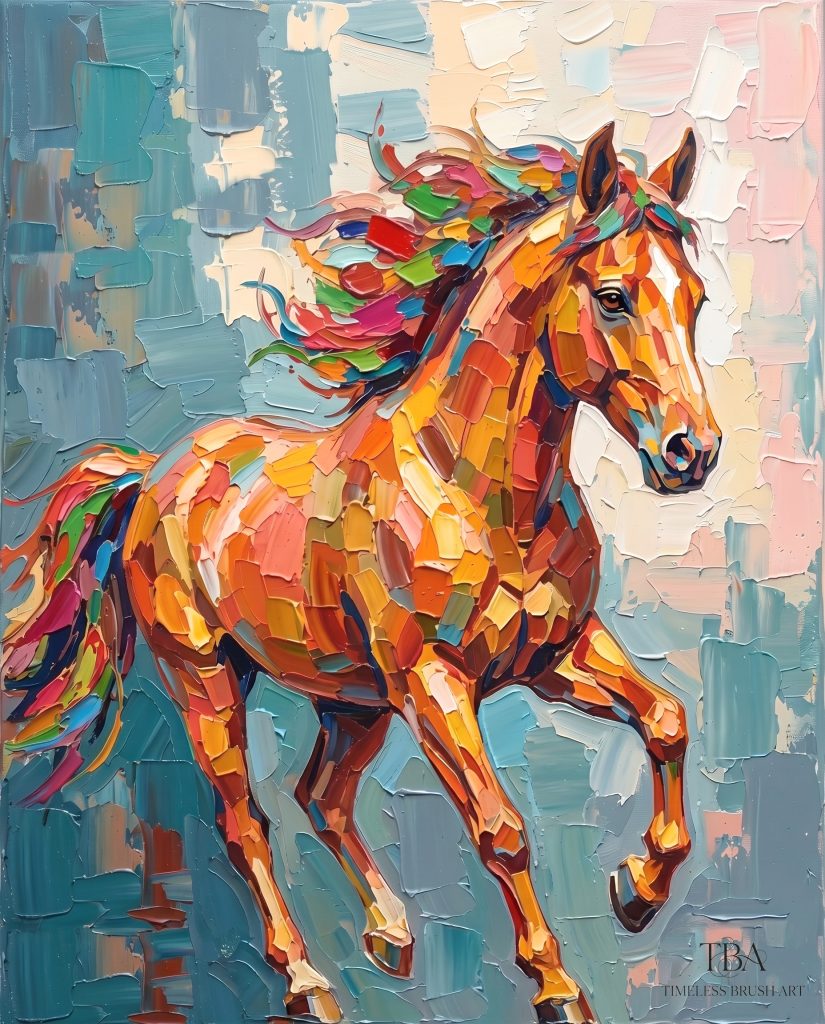 Unframed display of a dynamic, hand-embellished impasto oil painting featuring a galloping horse. Painted with vibrant, energetic rainbow colors—including bright oranges, reds, blues, and yellows—against a soft pastel background. Showcases heavy 3D palette knife textures. Shipped securely rolled in a tube.