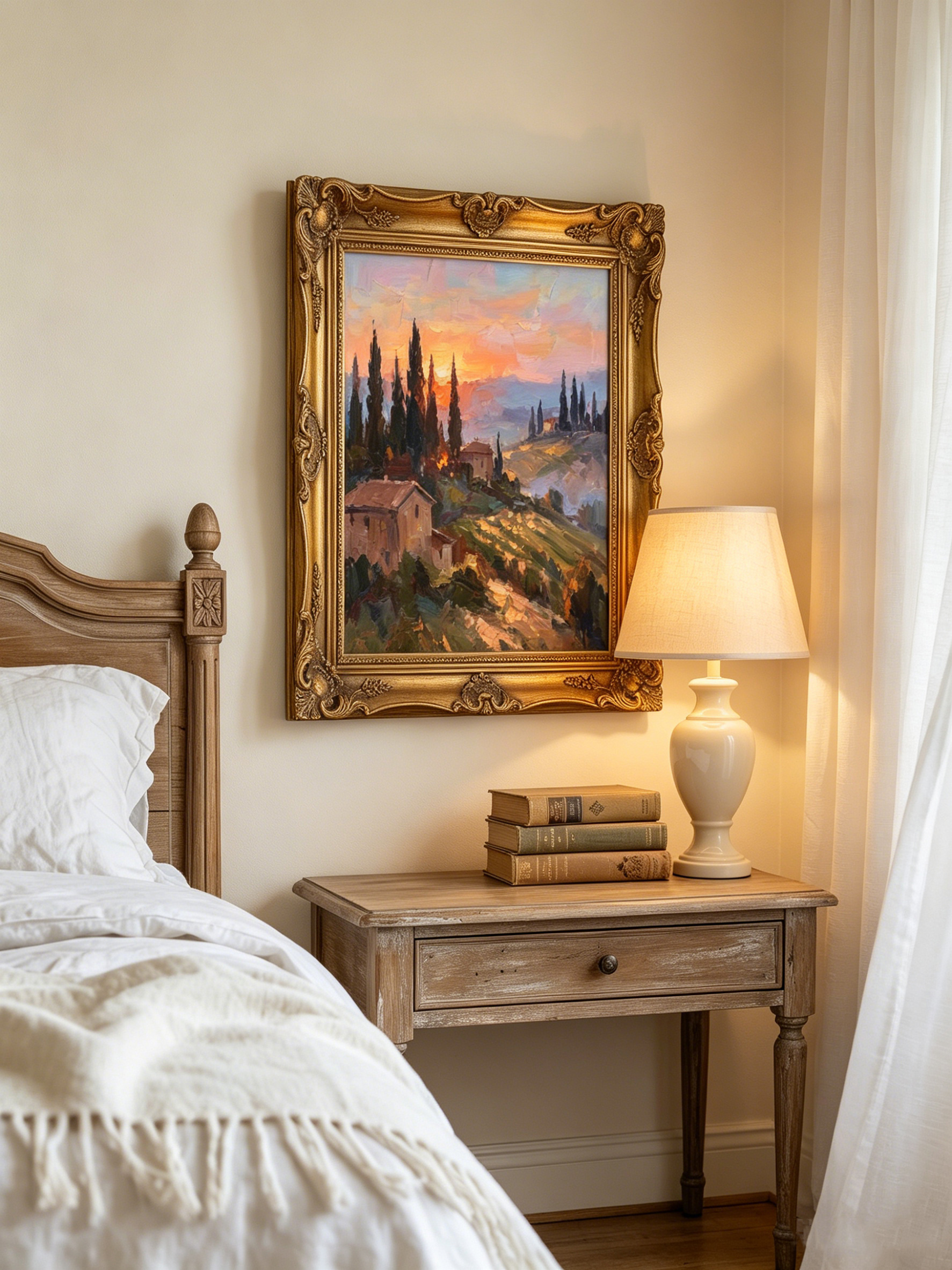The "Tuscan Twilight" painting displayed in an ornate gold frame in a cozy vintage bedroom. Positioned above a rustic wooden nightstand with a warm glowing lamp, adding a touch of classic romance to the space.