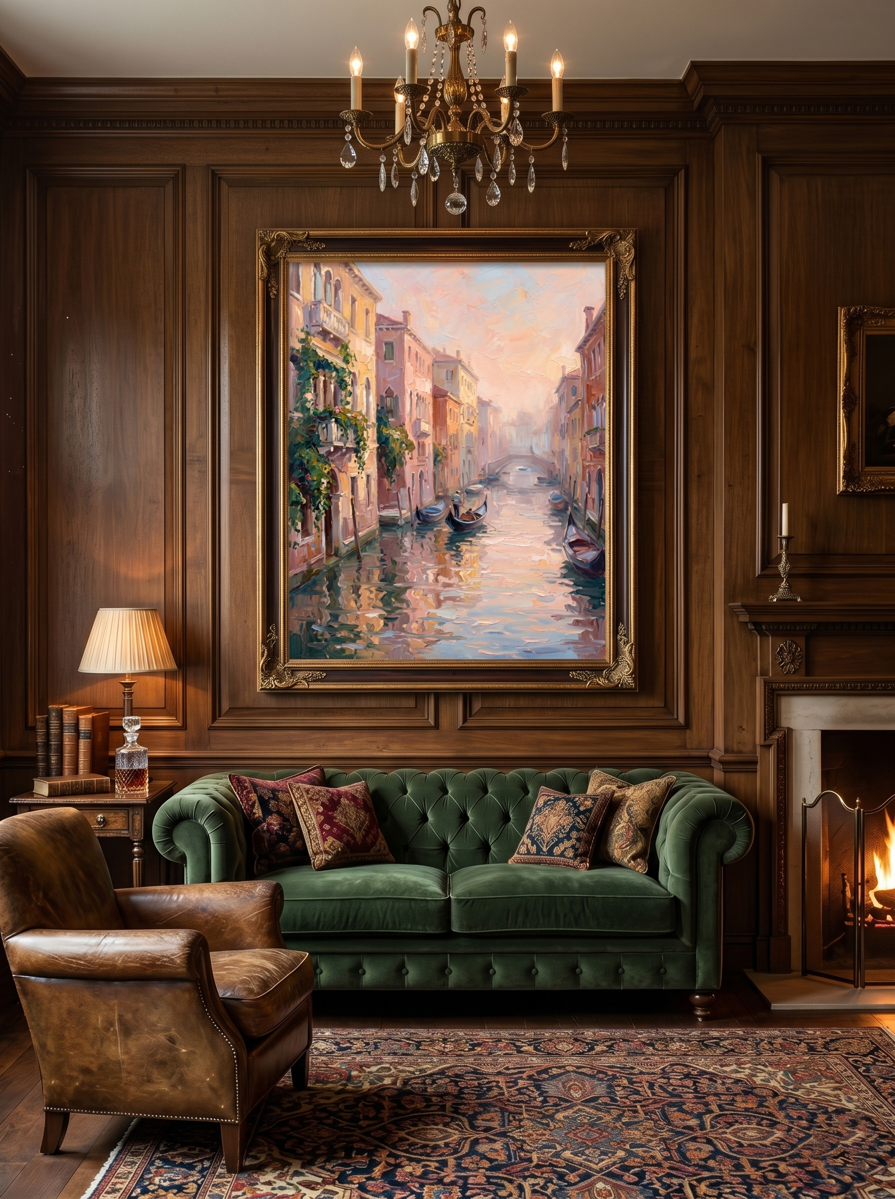 The classic "Venetian Dawn Reverie" painting adding romantic Old World charm to a vintage living room. Displayed on dark wood-paneled walls above a luxurious green velvet Chesterfield sofa next to a warm fireplace.