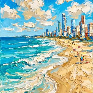 "Golden Coast Symphony" | Hand-Embellished Impasto Cityscape Canvas | Modern Beach Skyline Wall Art