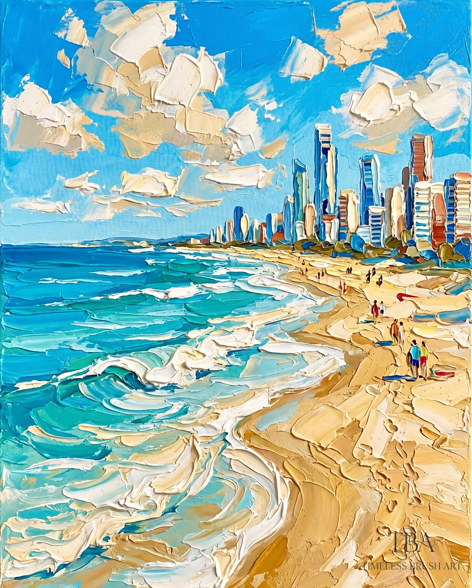 "Golden Coast Symphony" | Hand-Embellished Impasto Cityscape Canvas | Modern Beach Skyline Wall Art