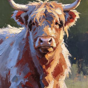 A highly textured abstract impasto oil painting of a Scottish Highland Cow. Features aggressive 3D palette knife strokes blending warm amber earth tones with cool slate blues. Unframed contemporary wall art.