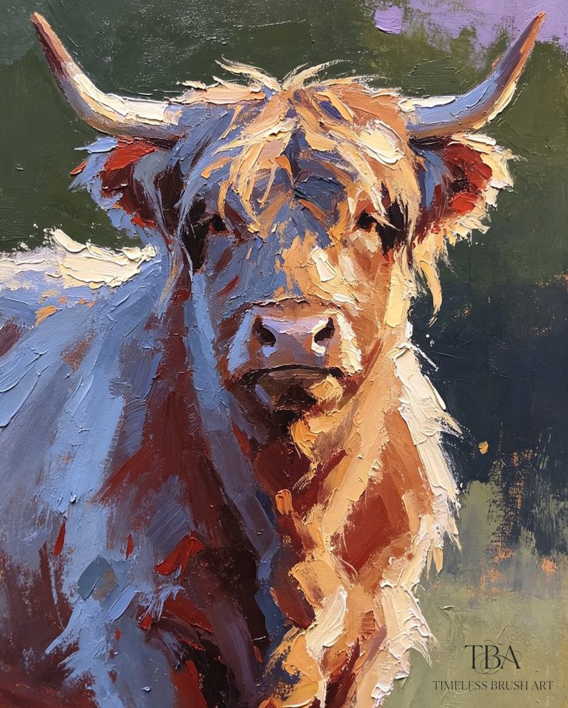 A highly textured abstract impasto oil painting of a Scottish Highland Cow. Features aggressive 3D palette knife strokes blending warm amber earth tones with cool slate blues. Unframed contemporary wall art.