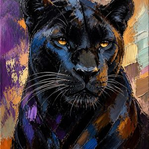 A highly textured abstract impasto oil painting of a majestic black panther with piercing golden eyes. Features aggressive 3D palette knife strokes blending deep purples, cold blues, and warm amber tones. Unframed contemporary wall art.