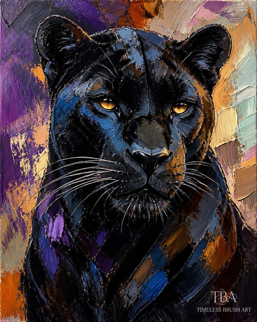 A highly textured abstract impasto oil painting of a majestic black panther with piercing golden eyes. Features aggressive 3D palette knife strokes blending deep purples, cold blues, and warm amber tones. Unframed contemporary wall art.