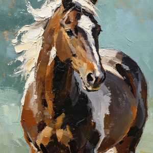 A highly textured abstract impasto oil painting of a majestic horse with a wild white mane and earthy brown body. Features heavy 3D palette knife strokes against a calming sage green background. Unframed contemporary rolled canvas wall art.