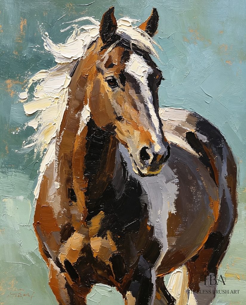 A highly textured abstract impasto oil painting of a majestic horse with a wild white mane and earthy brown body. Features heavy 3D palette knife strokes against a calming sage green background. Unframed contemporary rolled canvas wall art.