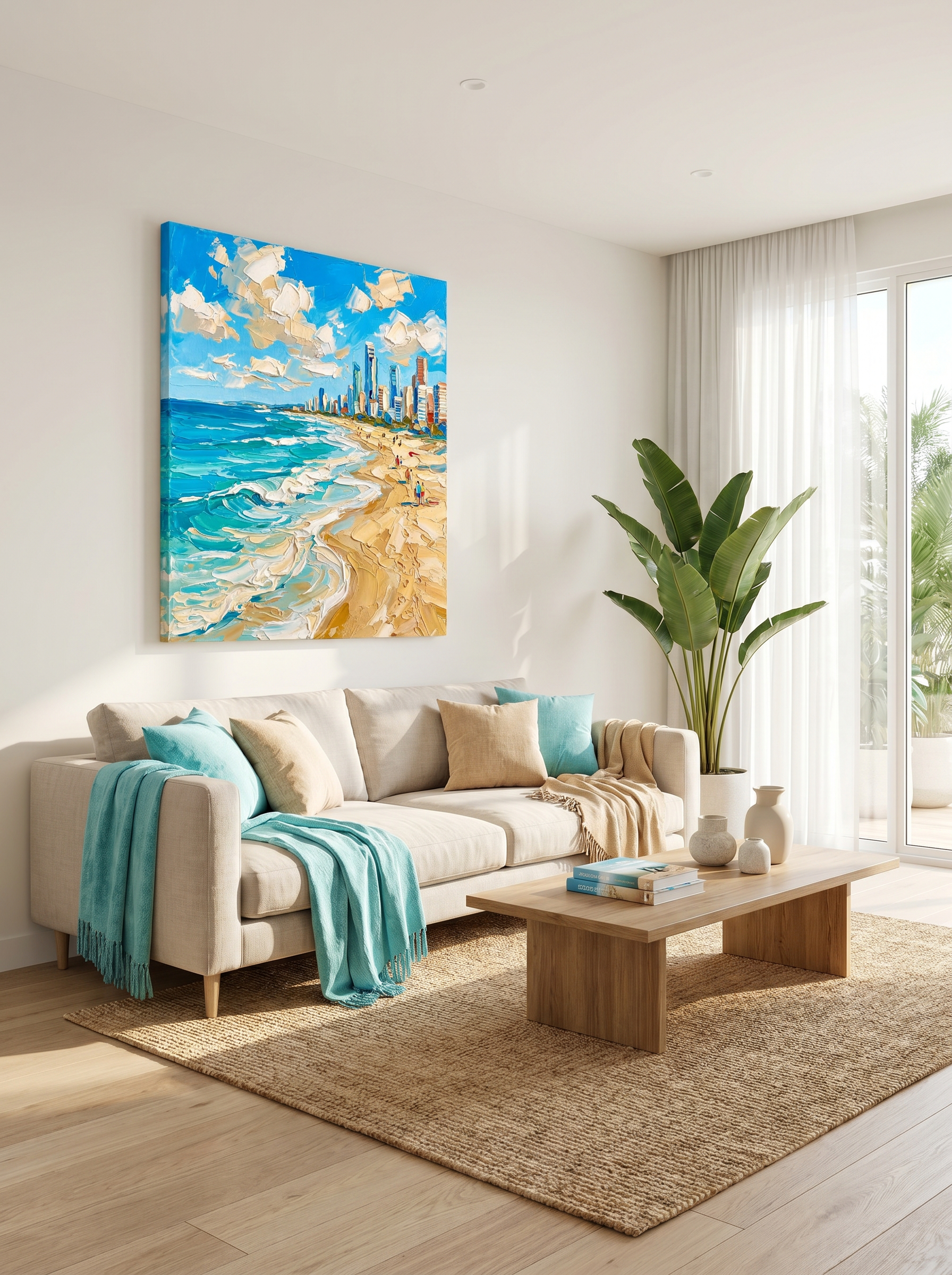 The "Golden Coast Symphony" cityscape oil painting styled in a bright, modern coastal living room. Hung above a beige sofa with teal accents and a tropical indoor plant, bringing vibrant ocean energy and a luxurious resort feel to the sunlit space.