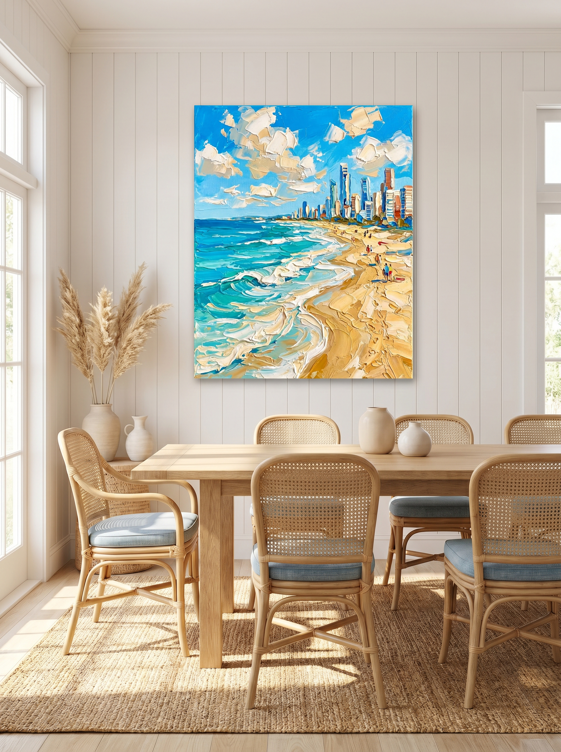 A breezy coastal dining room featuring the "Golden Coast Symphony" impasto painting. Displayed against a white paneled wall above a light wood dining table with woven rattan chairs, creating a relaxed, sophisticated aesthetic perfect for seaside homes.