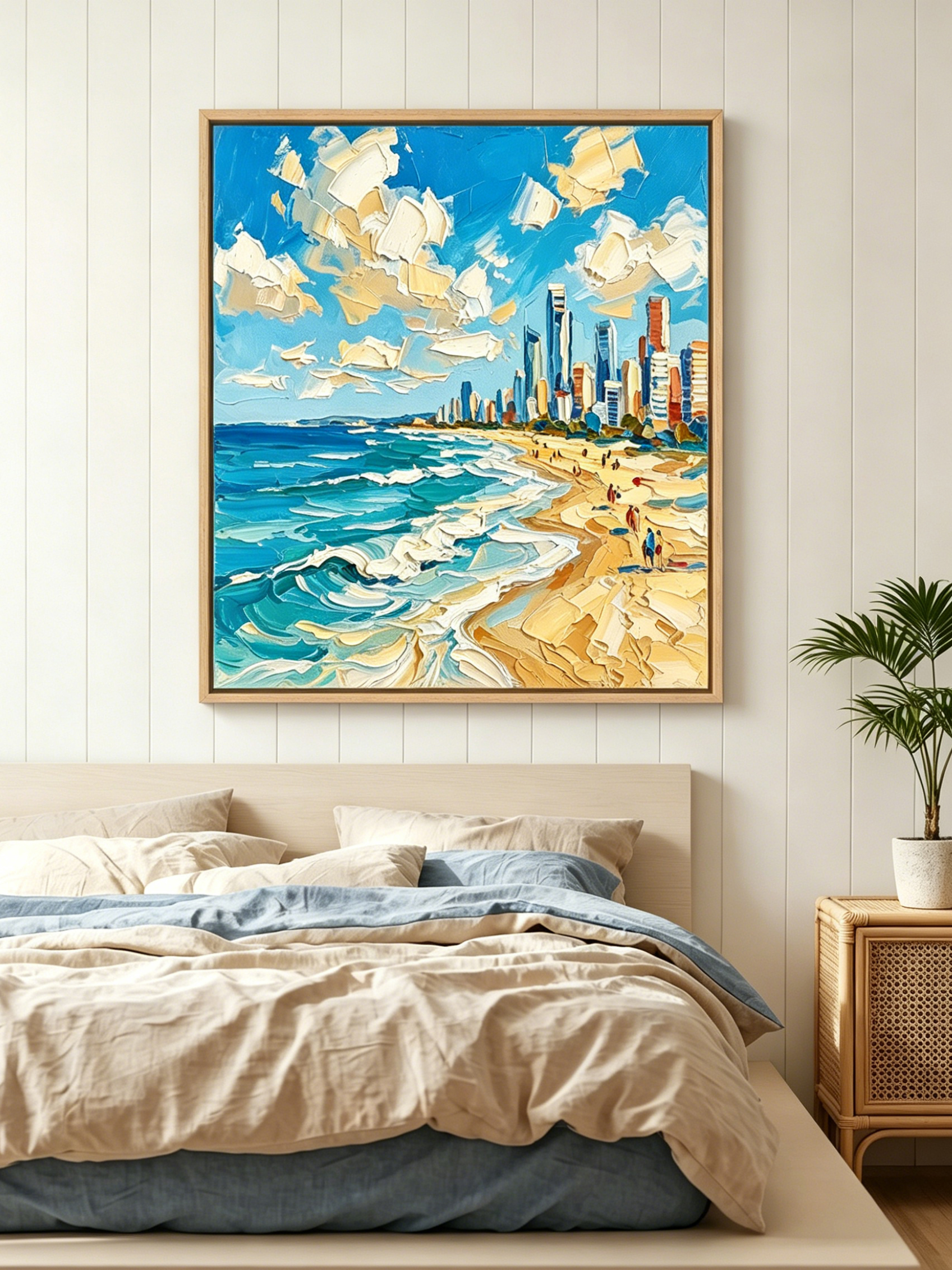 The "Golden Coast Symphony" hand-embellished painting styled in a cozy modern coastal bedroom. Positioned above a bed with relaxing blue and beige linens against a white wood-paneled wall, evoking the tranquil feeling of a luxury oceanfront penthouse.