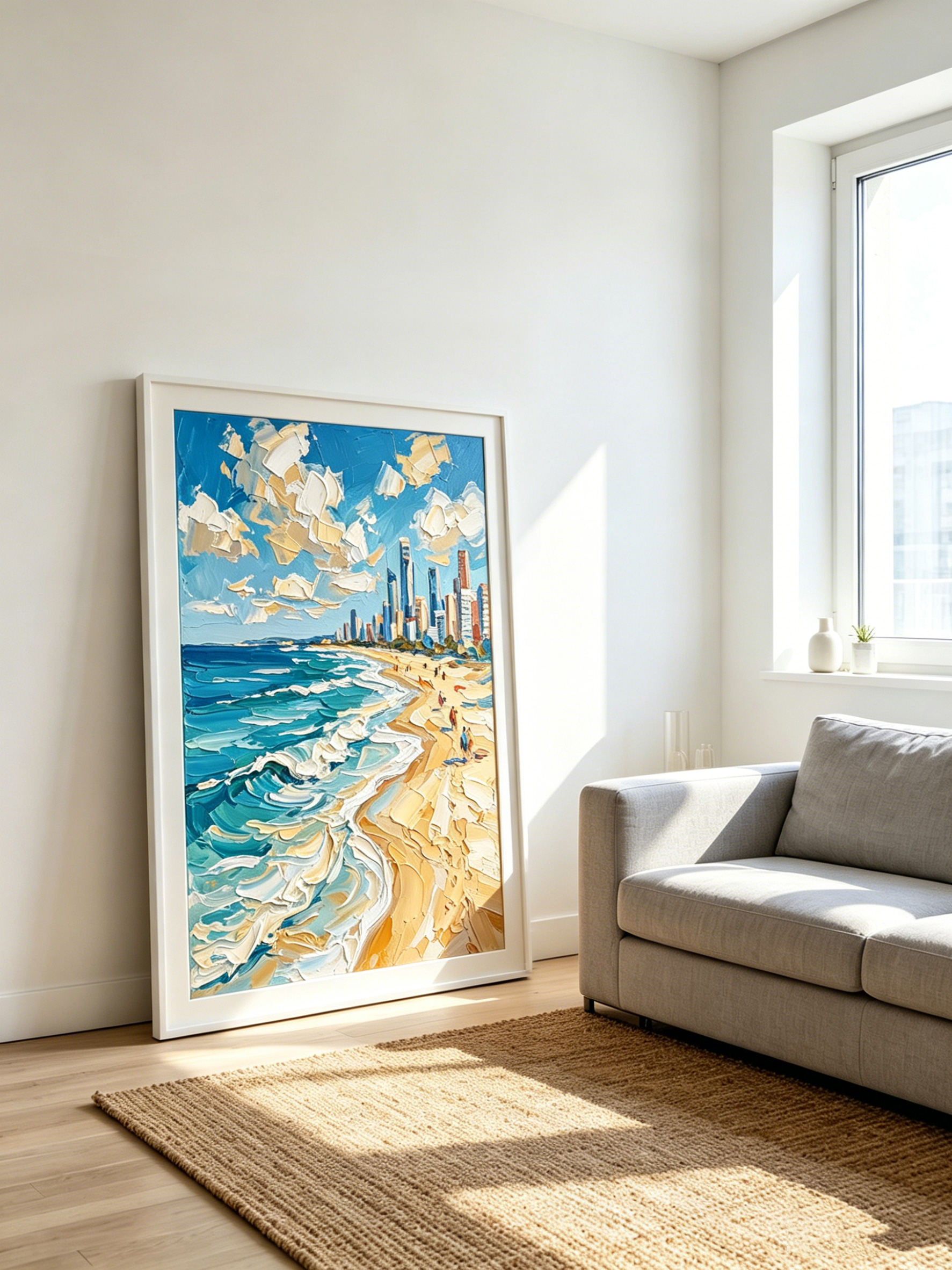 An oversized "Golden Coast Symphony" cityscape canvas casually leaning against a bright white wall in a sun-drenched living room. Resting on a natural woven jute rug next to a modern grey sofa, highlighting a relaxed, contemporary interior design aesthetic.