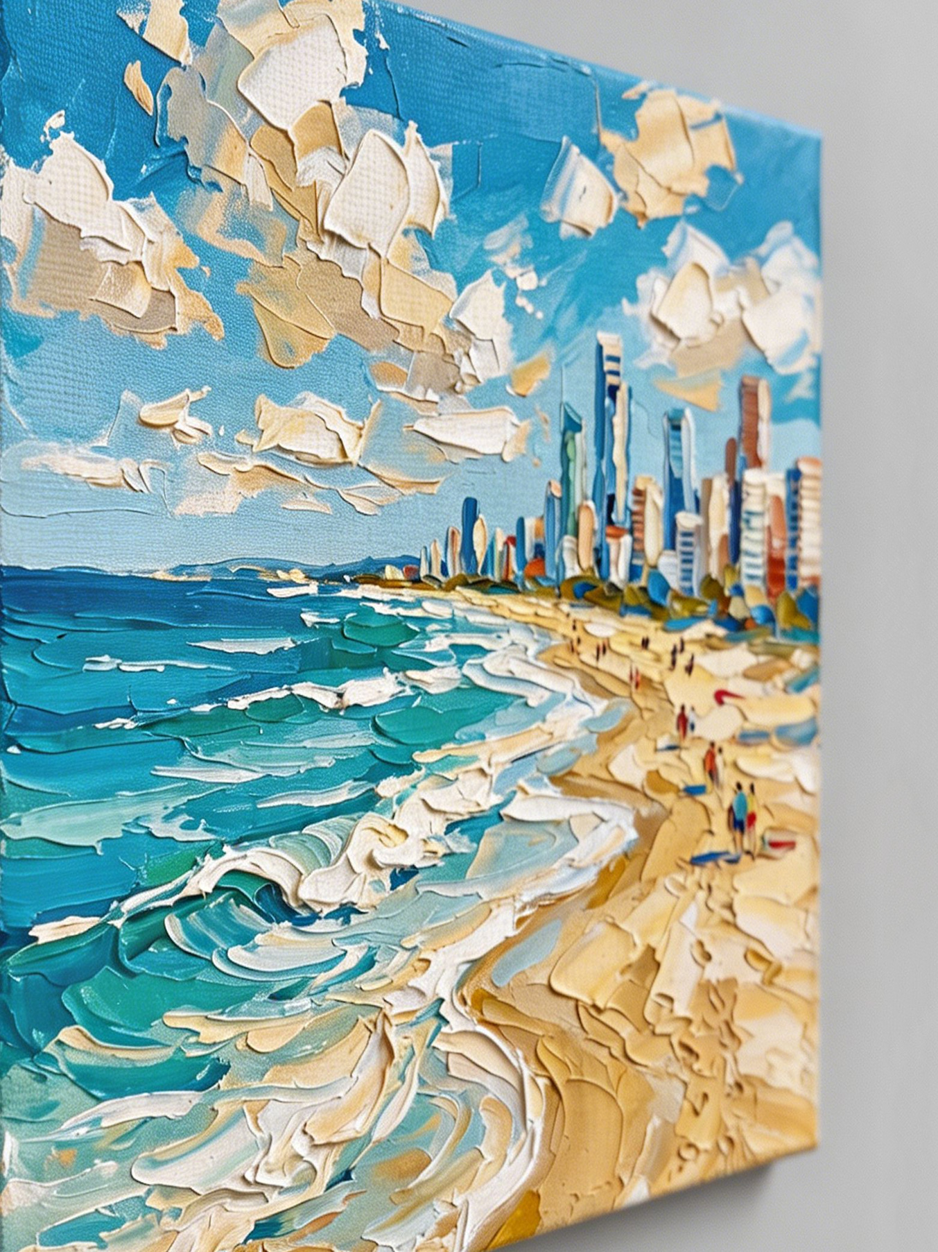 An extreme macro close-up of the "Golden Coast Symphony" canvas edge. Showcasing the remarkable hand-embellished mixed media craftsmanship, with thick, 3D palette knife impasto textures bringing the fluffy clouds, city skyscrapers, and ocean waves to life.