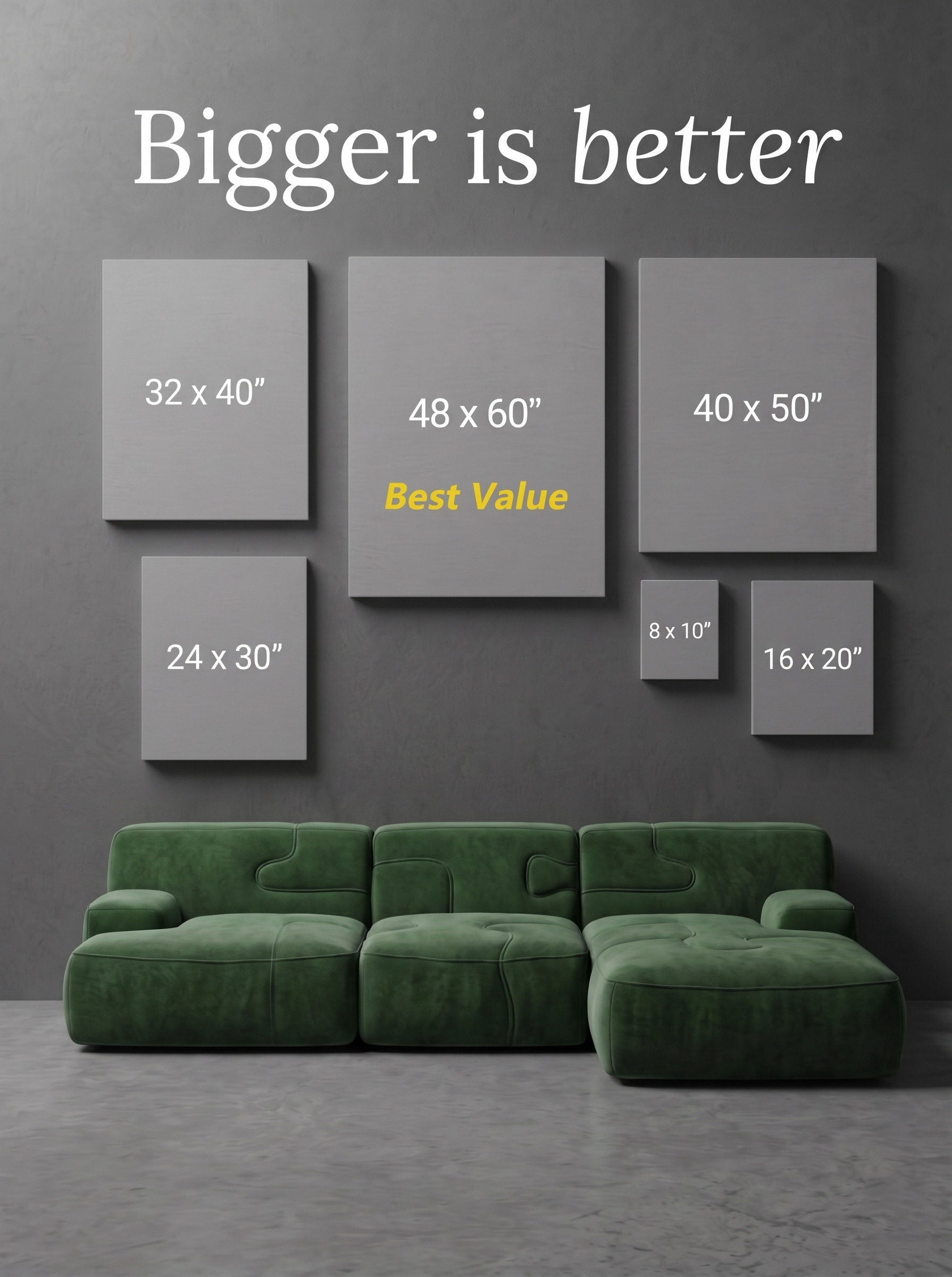 A visual wall art size guide for Timeless Brush Art unframed impasto oil paintings. Illustrating our standard 4:5 aspect ratio canvas dimensions relative to typical home furniture. Sizes include small desktop 8x10", standard 16x20", core living room 24x30", large 32x40", oversized 40x50", and the museum-scale 48x60".