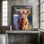 The fierce, expressive brushstrokes and earthy tones of the Highland Cow create a striking contrast against exposed brick and raw concrete. Framed in sleek black, it bridges the gap between rugged nature and modern industrial design, perfect for lofts or modern farmhouses.