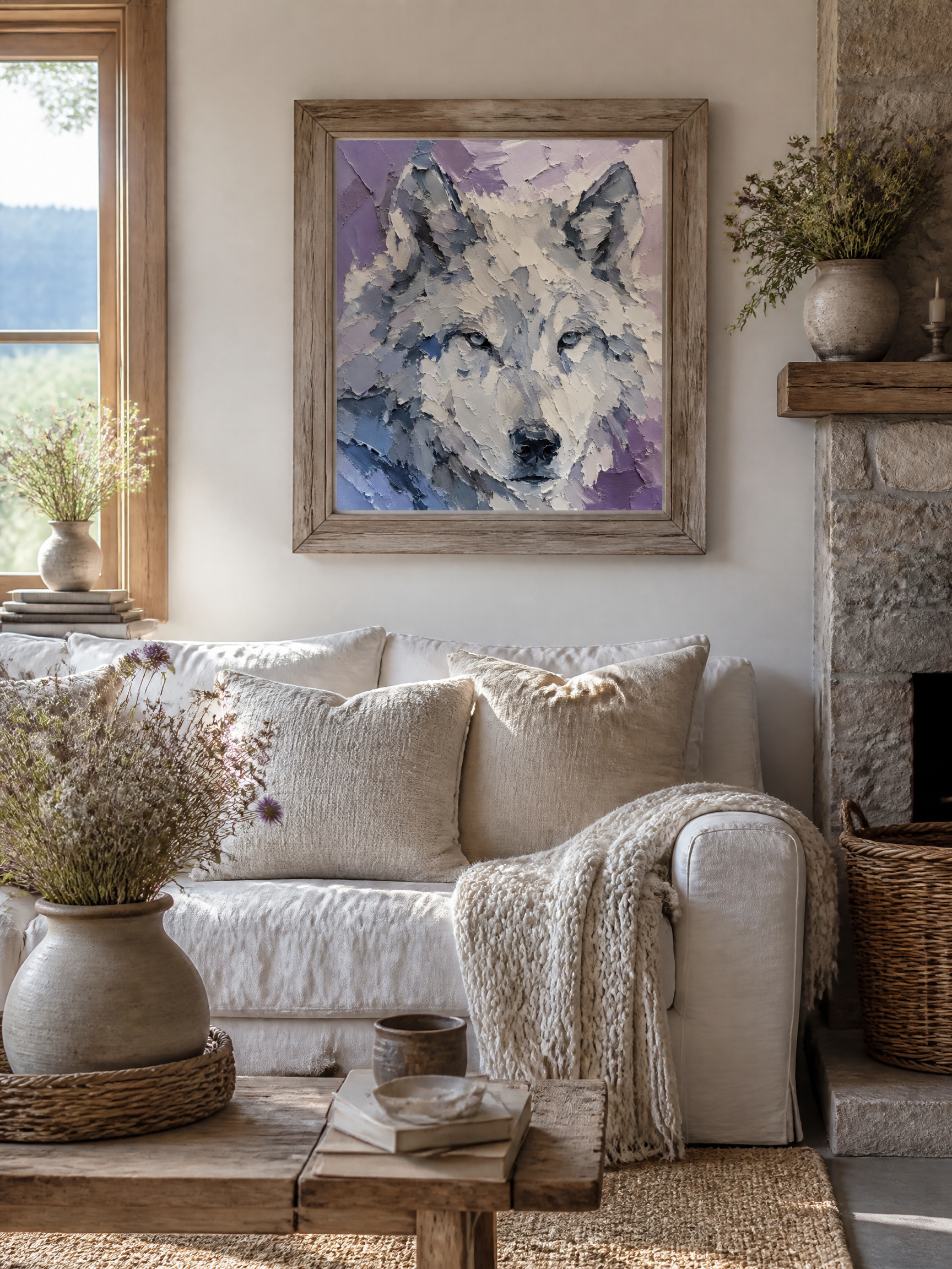 A Cozy yet Powerful Centerpiece: The frosty blues and purples of the wolf create a breathtaking focal point in a rustic or modern farmhouse setting. Paired with natural wood and soft textiles, the painting's raw energy is balanced, bringing a sense of wild, untamed nature into your cozy sanctuary.