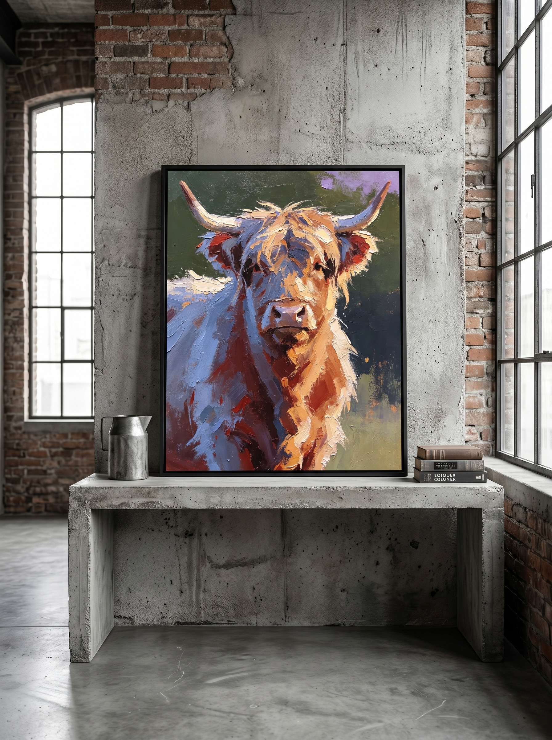 The fierce, expressive brushstrokes and earthy tones of the Highland Cow create a striking contrast against exposed brick and raw concrete. Framed in sleek black, it bridges the gap between rugged nature and modern industrial design, perfect for lofts or modern farmhouses.