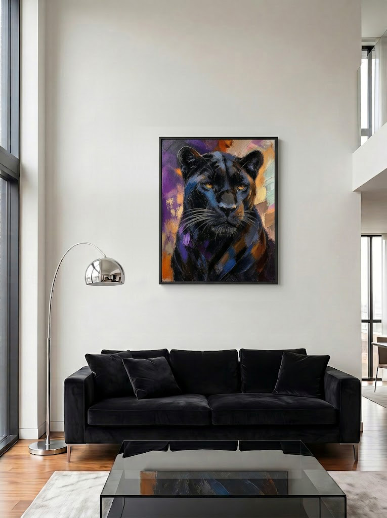 The Ultimate Executive Statement: Elevate your contemporary living room or administrative space. Paired with a sleek black frame, the cold, commanding gaze of the panther creates a breathtaking contrast against pristine white walls and luxurious black velvet seating. It is the definition of modern luxury.