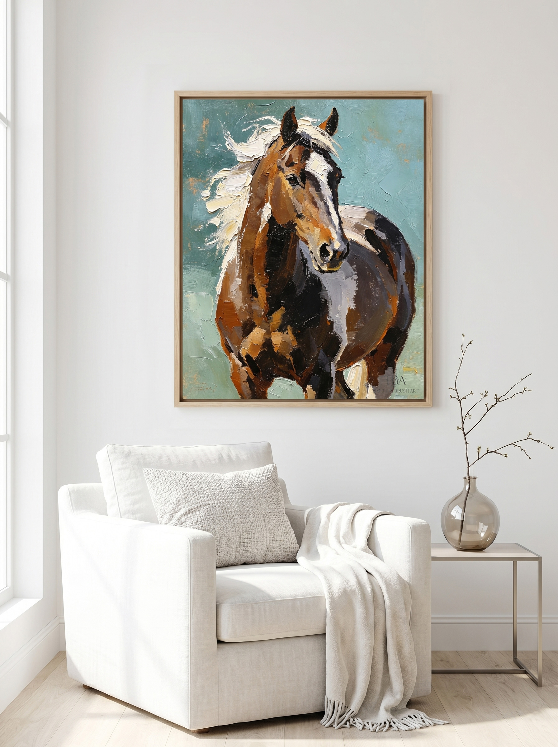 Airy Elegance & Natural Warmth: Elevate your modern or coastal living space. Framed in a minimalist light oak finish, the earthy brown tones of the wild horse beautifully complement light-filled rooms, pristine white seating, and natural textures, creating a serene yet powerful focal point.