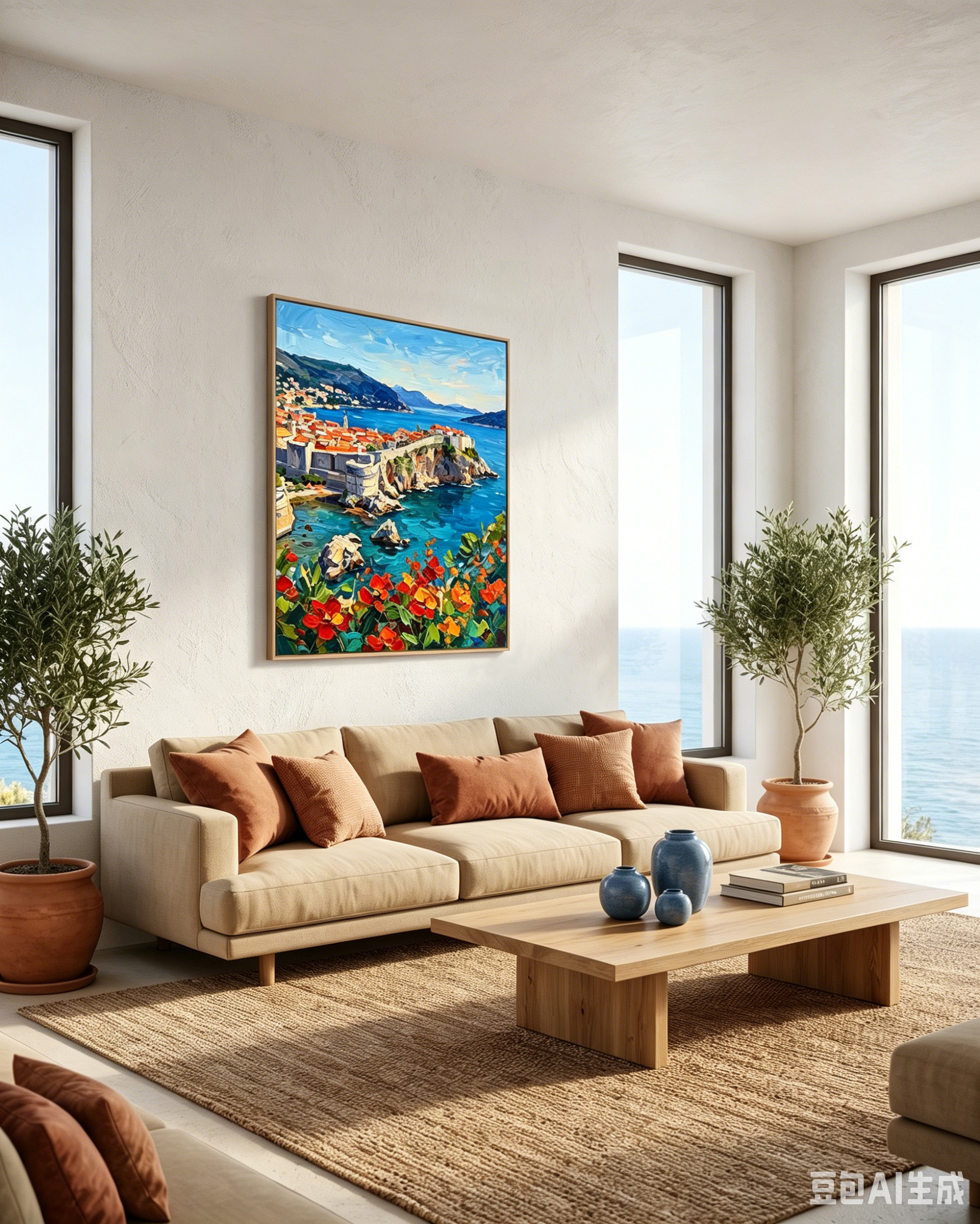 The "Adriatic Bloom" Mediterranean coastal painting styled in a bright, airy living room. Hung above a light beige modern sofa flanked by olive trees, perfectly complementing the stunning ocean view from the floor-to-ceiling windows.