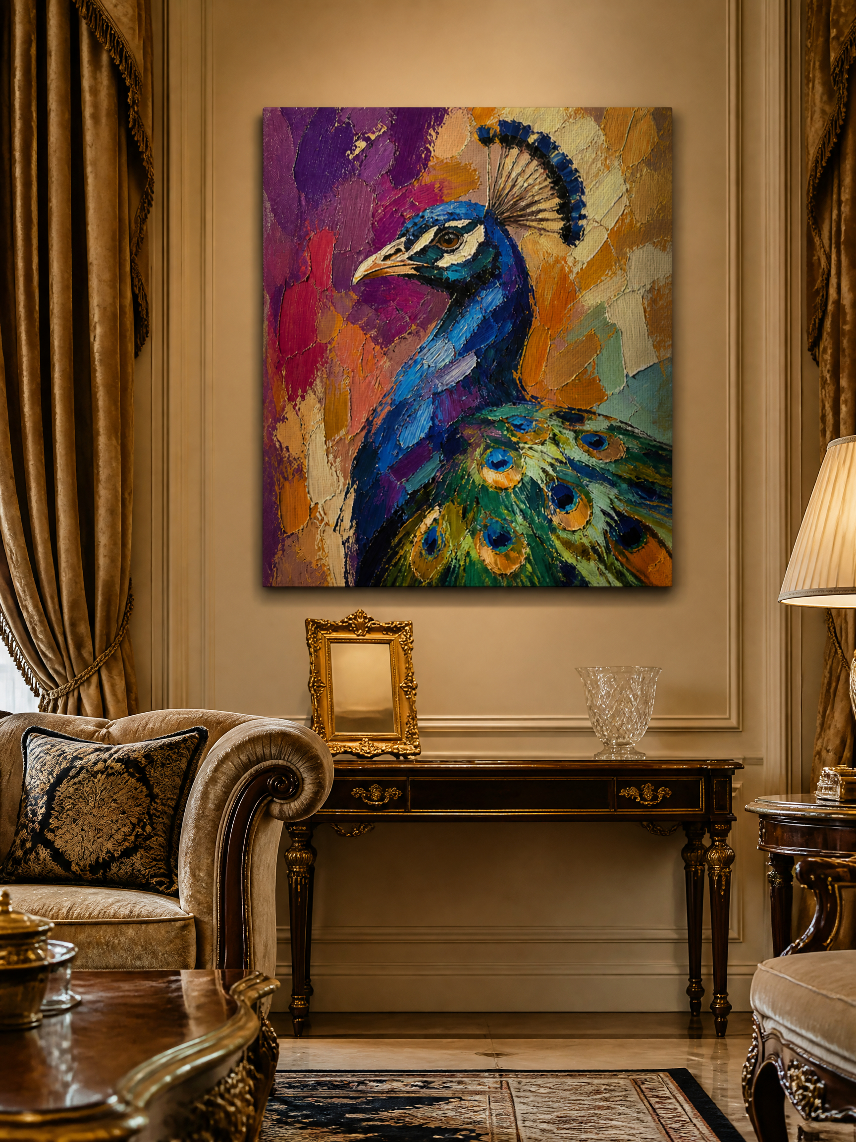 The Ultimate Focal Point: "Sapphire Majesty" instantly illuminates any room. In a warm, classic setting, the deep royal blues and heavy impasto textures harmonize beautifully with vintage furnishings and metallic accents, showcasing an undeniable luxury and exquisite taste.