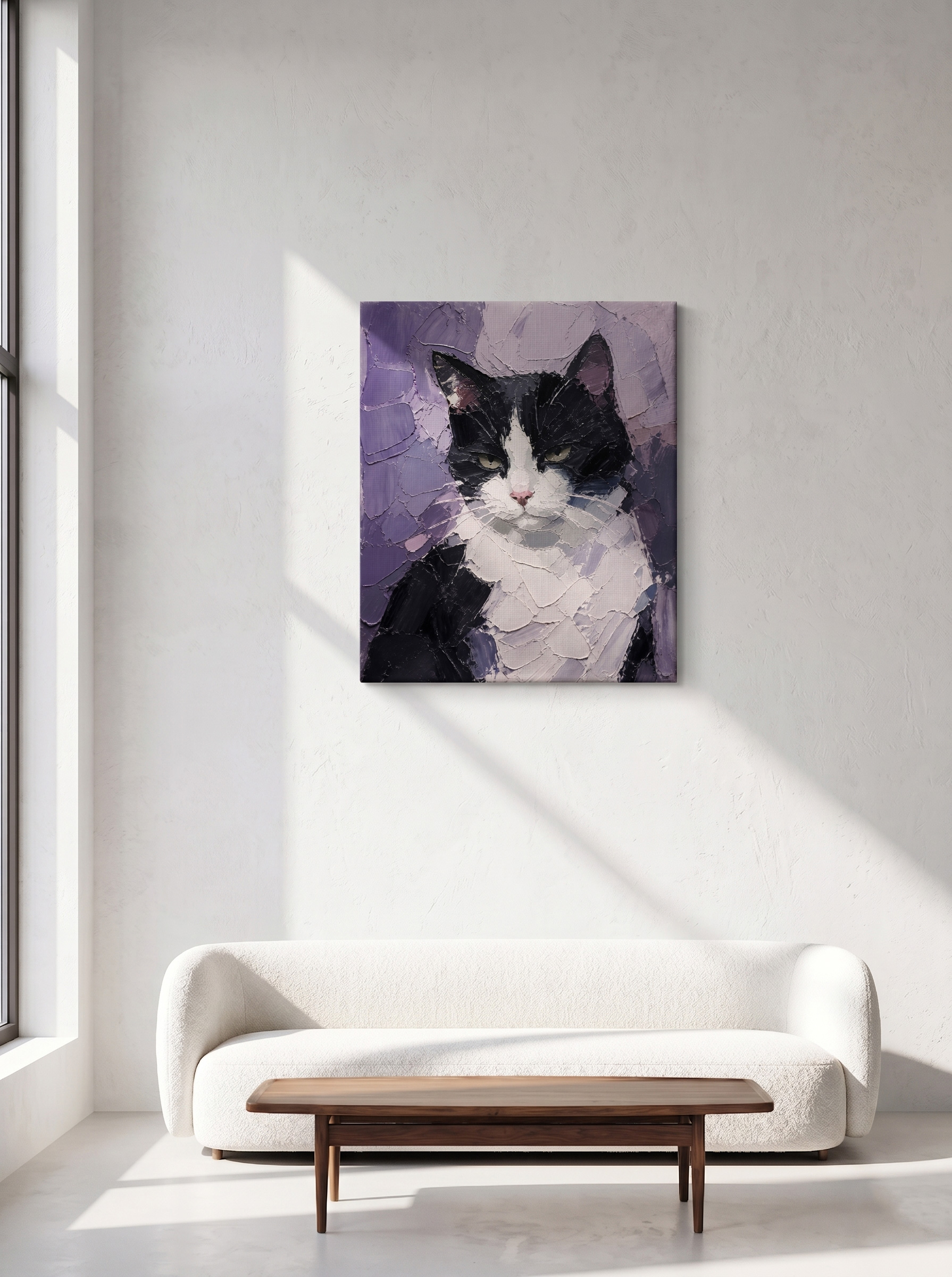 Modern Elegance Meets Feline Grace: Transform your contemporary or Wabi-sabi living room with a breathtaking focal point. Against a pristine, minimalist aesthetic, the cool lavender tones and striking tuxedo cat portrait bring a sophisticated, artistic energy without overwhelming the serene space.