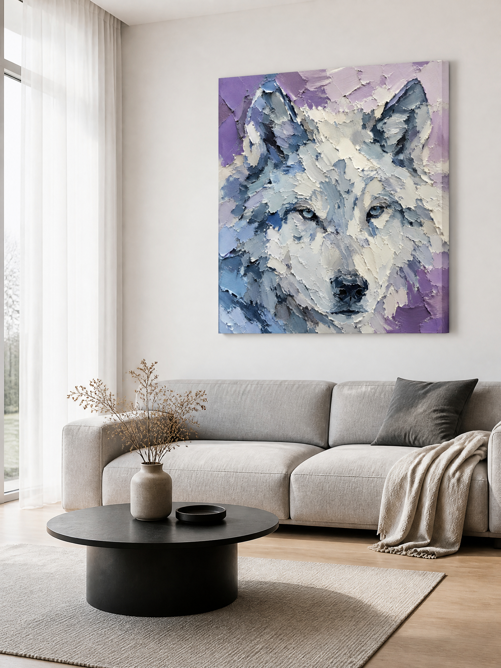 Modern Elegance Meets Wild Spirit: Elevate your contemporary living room with a piece that commands attention. The cool, sophisticated palette seamlessly integrates with modern, neutral interiors, while the heavy, expressive brushstrokes add a layer of dynamic texture that prevents the space from feeling flat.