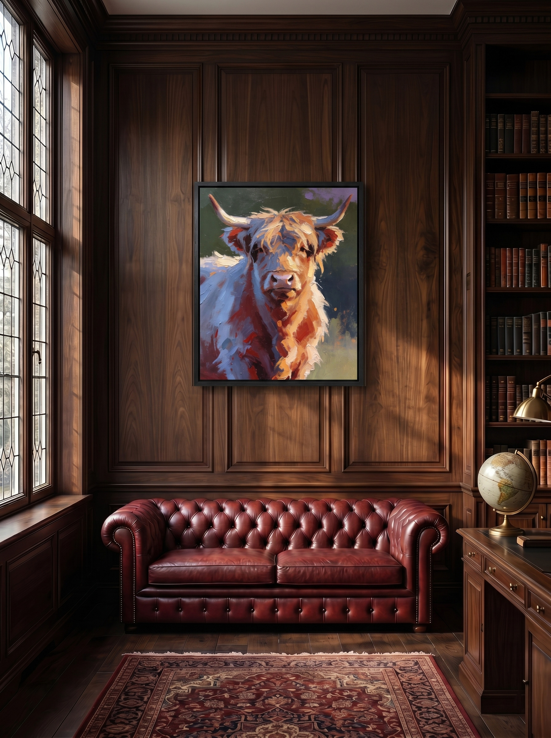A Commanding Executive Presence: Elevate your home office, library, or dark academia study. Framed against rich dark wood paneling and paired with classic leather seating, the majestic Highland Cow brings an aura of timeless strength, rustic luxury, and sophisticated taste to your personal sanctuary.