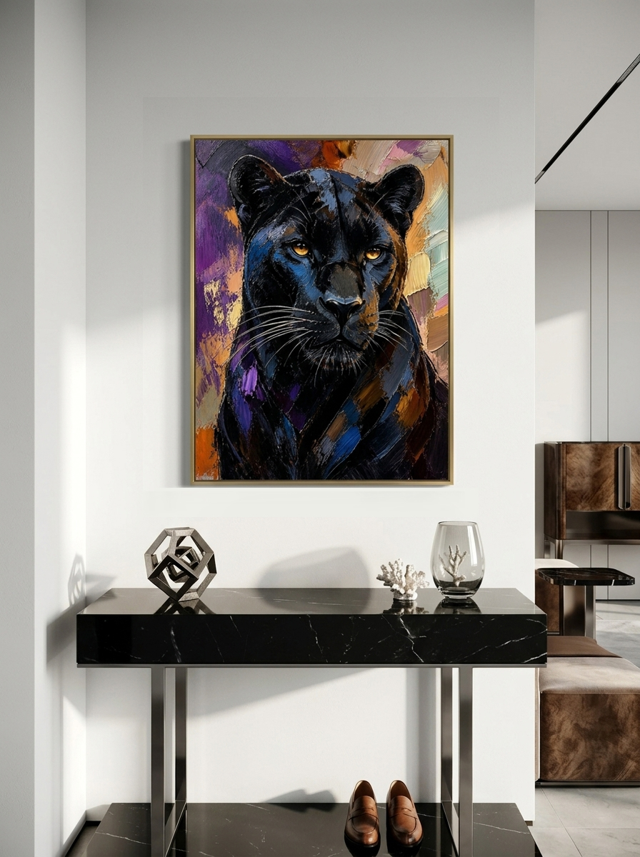 Gilded Authority: Make an unforgettable first impression. When housed in a minimalist brushed gold frame and displayed above a polished black marble console, this expressionistic masterpiece injects an undeniable aura of wealth, sophisticated taste, and quiet power into your entryway.