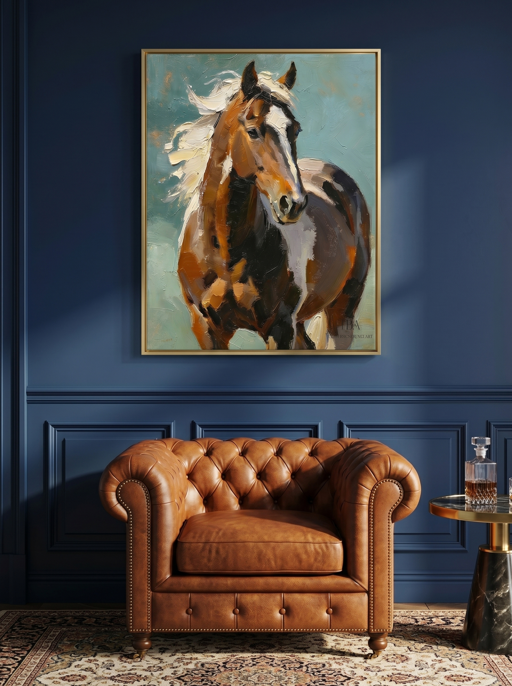 A Statement of Classic Luxury: Step into a world of refined taste. When housed in a sophisticated brushed gold frame and set against rich navy wainscoting and tufted leather, this masterpiece injects an undeniable aura of wealth, heritage, and masculine elegance into your study or lounge.