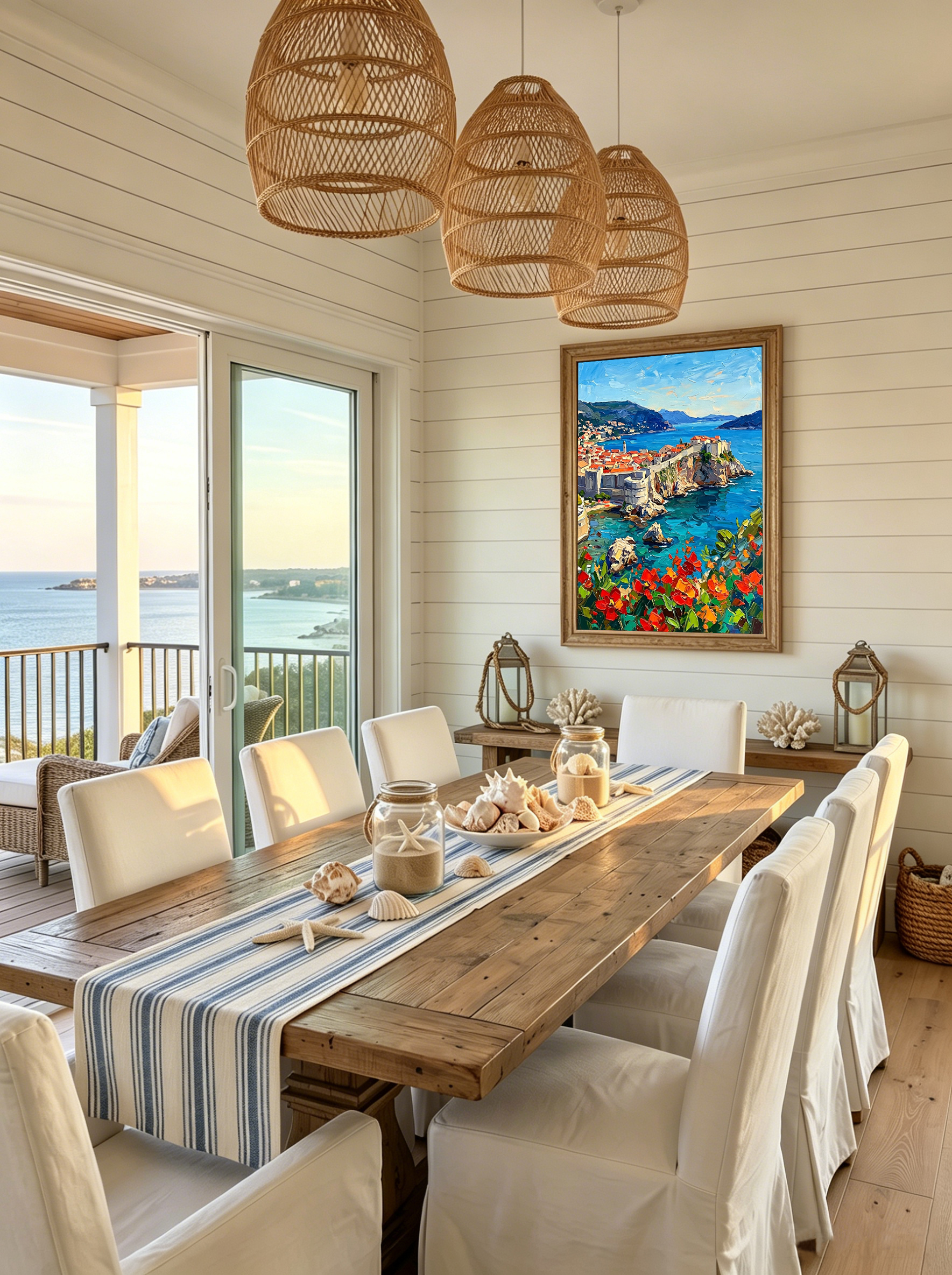 The "Adriatic Bloom" impasto painting displayed in a breezy coastal dining room. Positioned above a rustic wooden dining table with rattan woven pendant lights and nautical decor, enhancing the relaxed European summer vacation aesthetic.