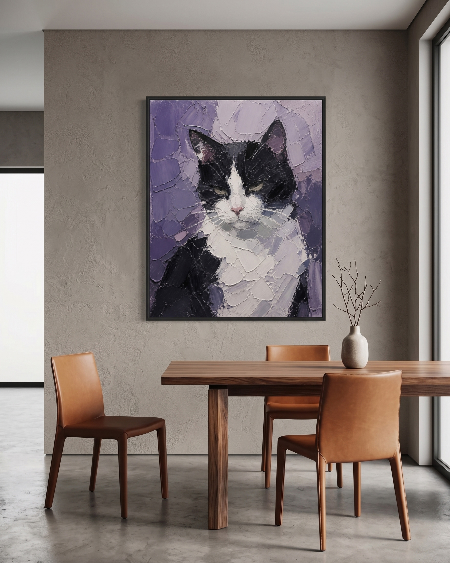 A Sophisticated Dining Statement: Elevate your dining experience. The aloof, aristocratic gaze of the tuxedo cat, framed in sleek black, creates a stunning visual contrast against warm leather chairs and natural wood tones. It adds an undeniable layer of modern luxury to your everyday spaces.
