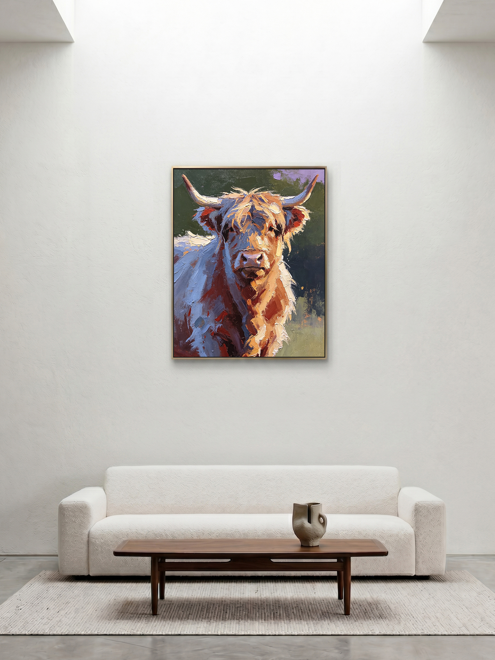 A Serene Yet Powerful Focal Point: Perfectly aligned with Wabi-sabi and modern minimalist aesthetics. In a bright, serene space with extensive negative space, the cow’s wild, textured presence provides a breathtaking visual anchor. It adds a layer of dynamic, untamed energy without disrupting the peaceful balance of your room.