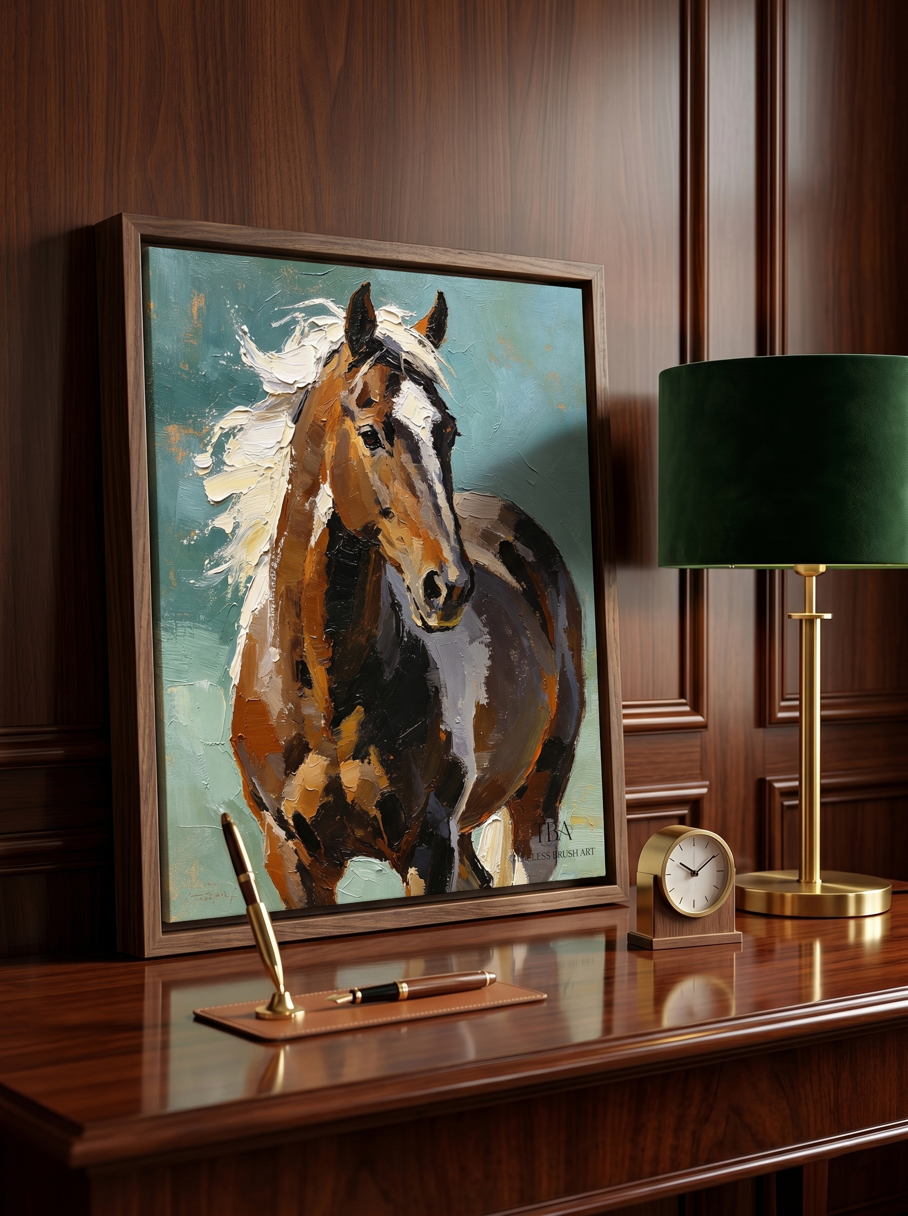 Commanding Executive Presence: The perfect anchor for your home office or dark academia library. Framed in deep, premium walnut, the majestic horse stands out against dark wood paneling, radiating quiet authority and inspiring untamed ambition right at your desk.