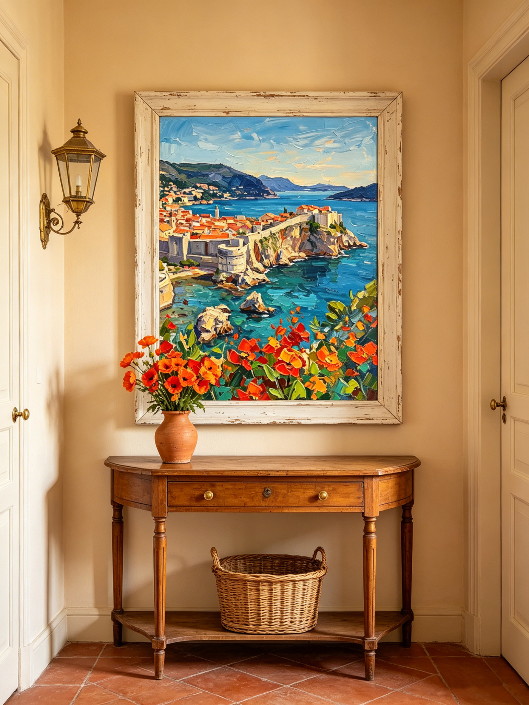 The vibrant "Adriatic Bloom" painting elegantly framed in a vintage entryway. Hung above a classic curved wooden console table paired with a terracotta vase of red poppies, highlighting the artwork's rich European historical charm.