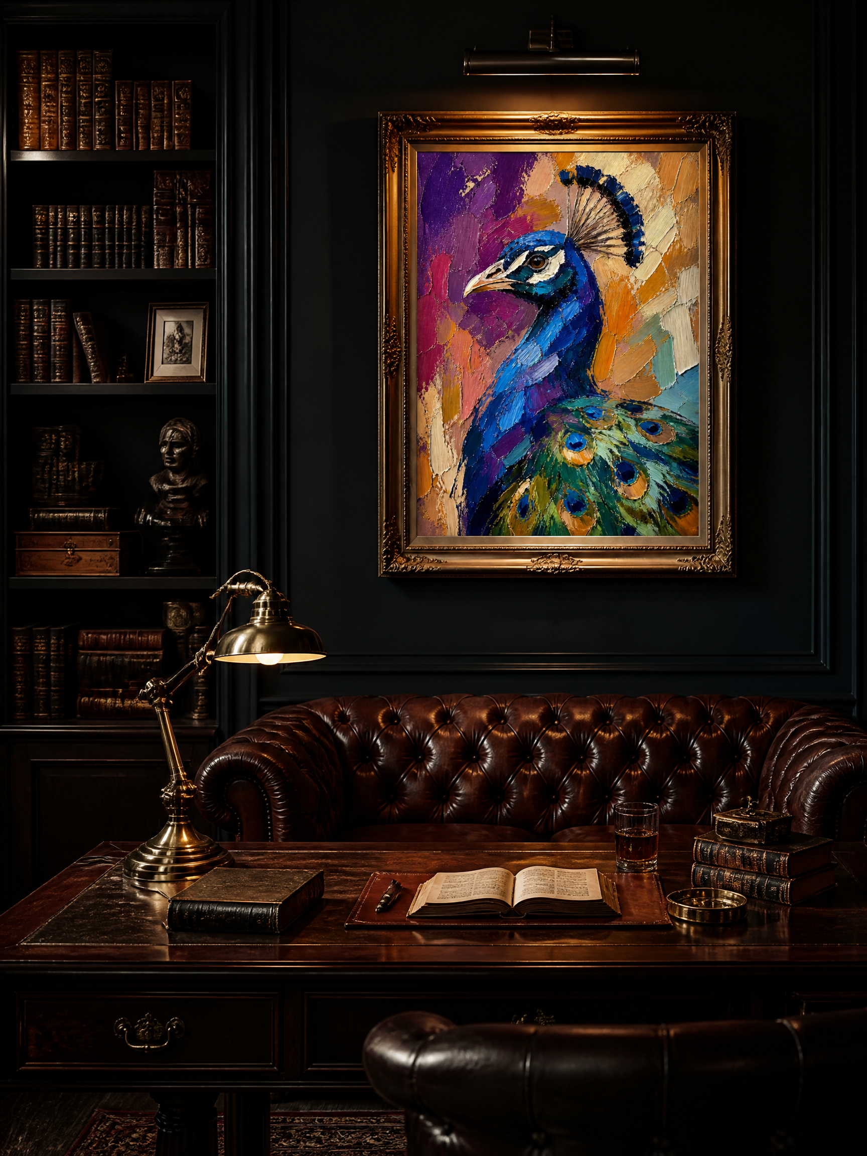 A Commanding Presence: Set against dark-toned walls or within an executive study, the peacock's plumage glows like a sapphire in the night. Paired with a vintage frame and classic leather seating, the intense color contrast delivers a sophisticated and powerful aesthetic impact.
