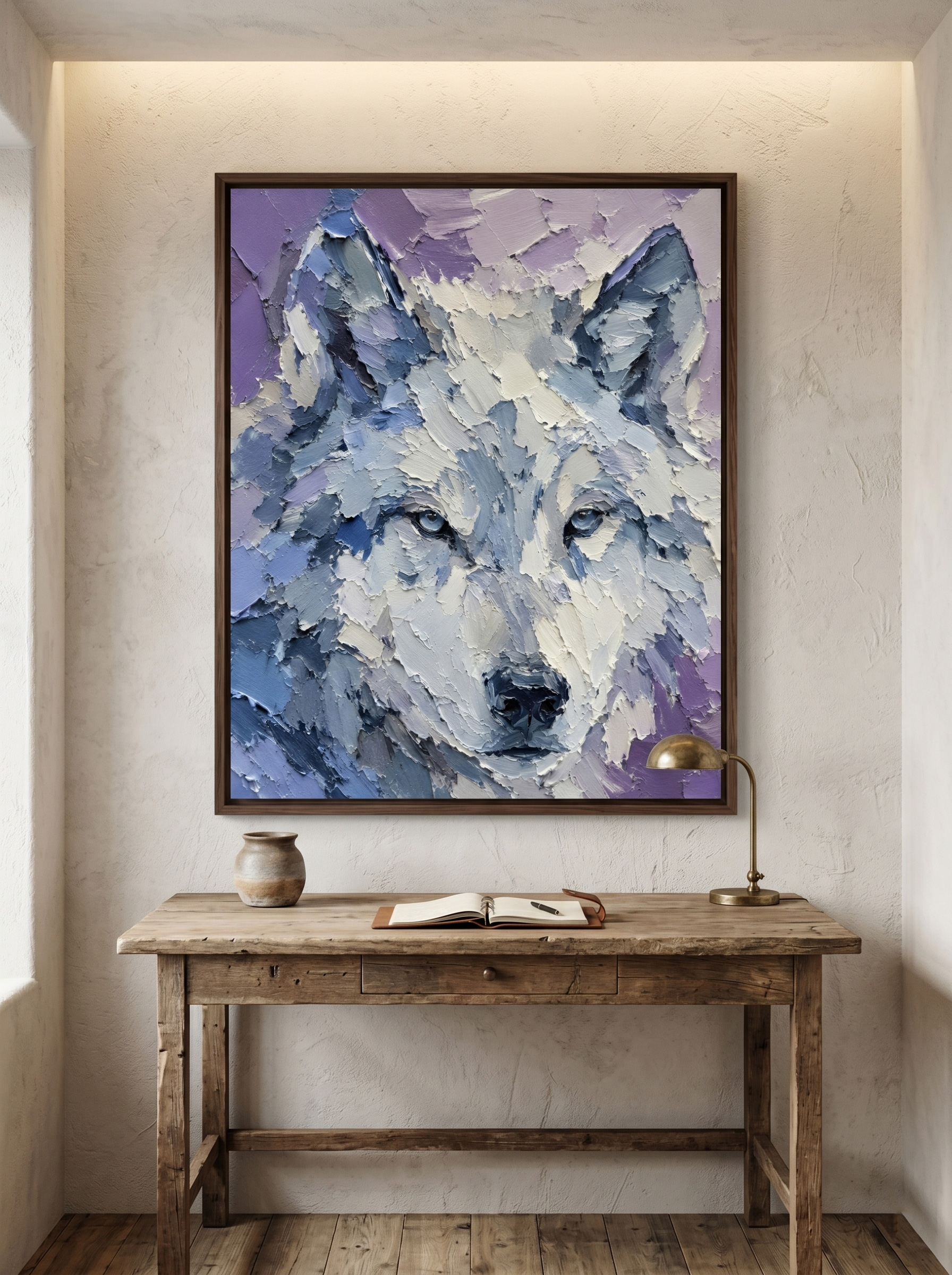 The Beauty of Imperfection: Perfectly aligned with Wabi-sabi aesthetics, the chaotic, irregular palette knife marks celebrate the beauty of raw, handcrafted art. Displayed over a minimalist console or desk, the sovereign's steady gaze offers a moment of quiet reflection and grounded energy.